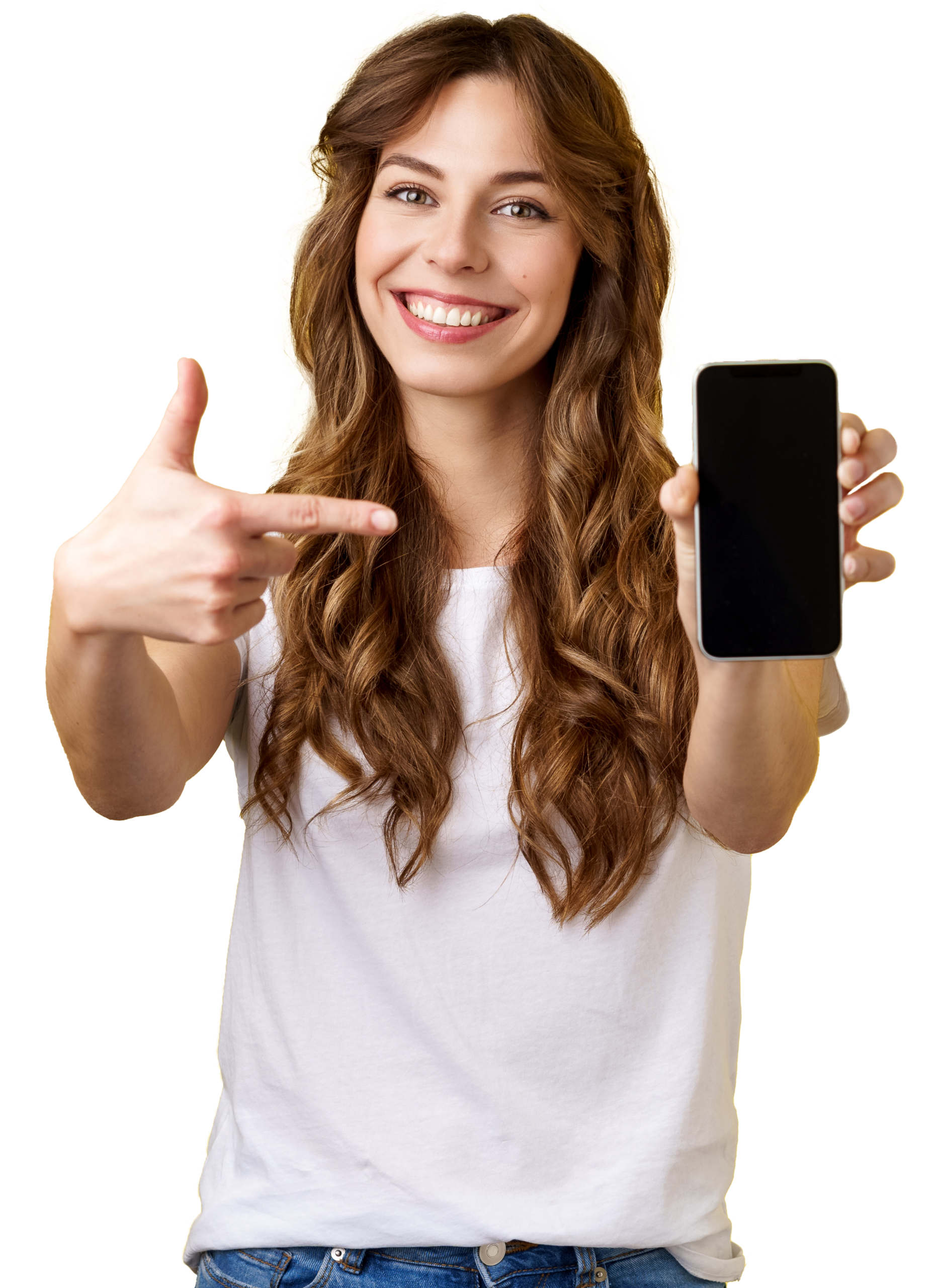 upbeat-confident-goodlooking-female-showing-photo-smartphone-display-hold-mobile-phone-extended-arm-camera-pointing-index-finger-cellphone-screen-smiling-delighted-promote-app-internet-application